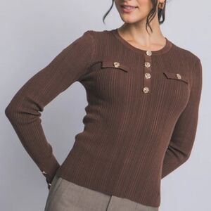 NWT Love Tree Brown Ribbed Sweater with Gold Buttons